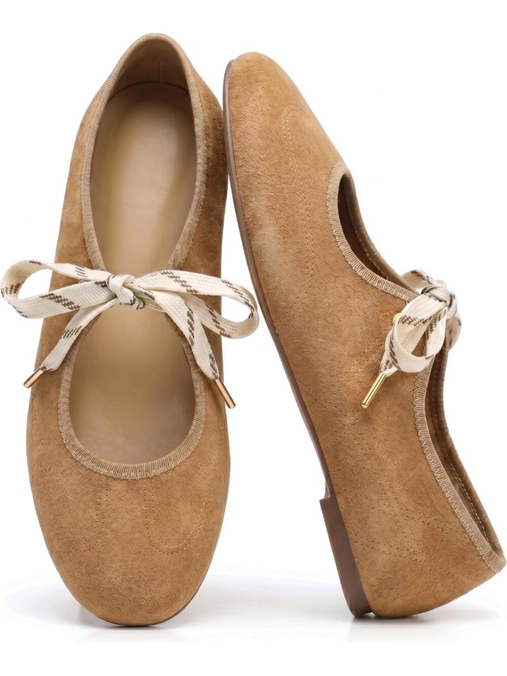Women's Camel Round Toe Mary Jane Ballerina Lace Up Ballet Flat Sneaker Shoes